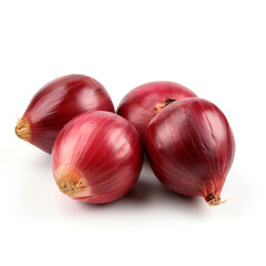 Three shallot, sharp, red, isolated on white background created with Generative Ai