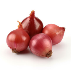 Three shallot, sharp, red, isolated on white background created with Generative Ai