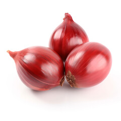 Three shallot, sharp, red, isolated on white background created with Generative Ai