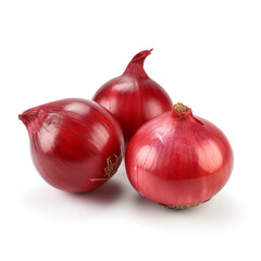 Three shallot, sharp, red, isolated on white background created with Generative Ai