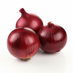 Three shallot, sharp, red, isolated on white background created with Generative Ai