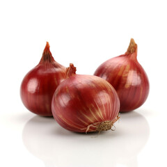 Three shallot, sharp, red, isolated on white background created with Generative Ai