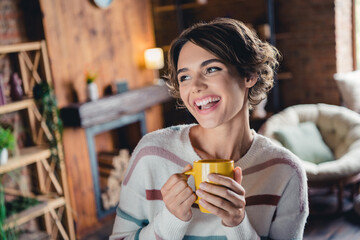 Portrait of positive carefree person toothy smile arms hold hot chocolate mug enjoy weekend coziness house inside - obrazy, fototapety, plakaty