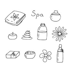 Home spa set, vector illustration hand-drawn doodles