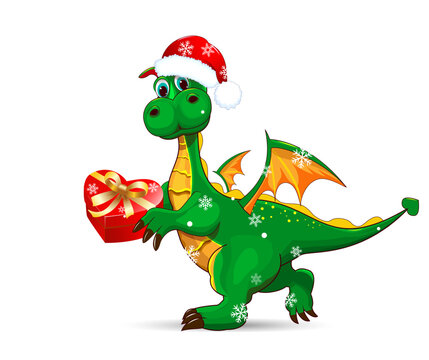 Green dragon with a gift in the form of a heart. A cartoon green dragon walks wearing a Santa hat, holding a gift box in its paws. A green dino on a white background