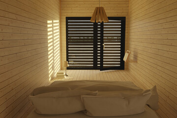 3D rendering of wooden bedroom with wooden planks and window in the evening sunlight
