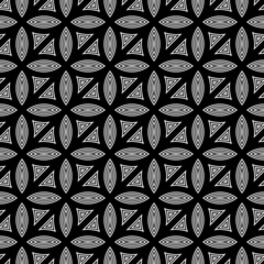 White figures tessellation on black background. Image with ovals and triangular blocks. Ethnic tiles motif. Seamless surface pattern design with circular ornament. Mosaic pavement wallpaper. Vector.