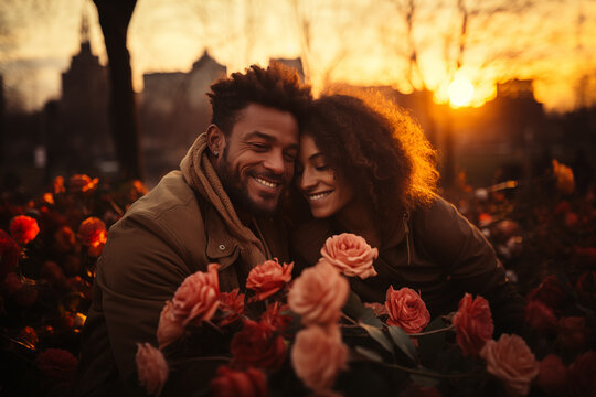 mestizo heterosexual couple surrounded by flowers hugging and loving each other for Valentine's Day
