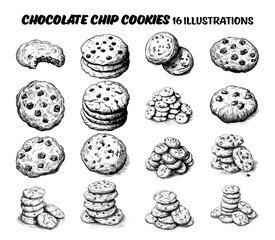 Collection of choco chip cookies. Sketch illustration