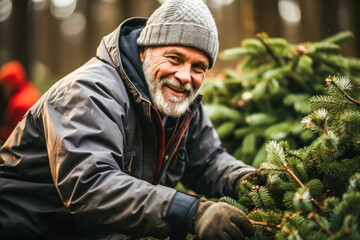 Obraz premium Man choosing a Christmas tree at the market
