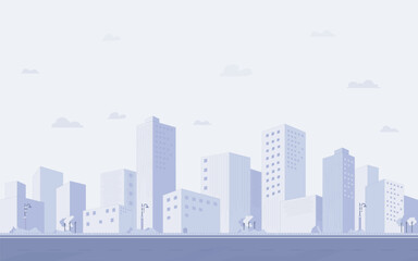 Purple cityscape background, City buildings and trees at city view. Monochrome urban landscape with clouds in the sky. Modern architectural flat style vector illustration. - obrazy, fototapety, plakaty
