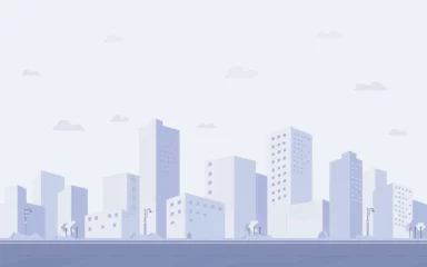 Foto op Canvas Purple cityscape background, City buildings and trees at city view. Monochrome urban landscape with clouds in the sky. Modern architectural flat style vector illustration. © Asif