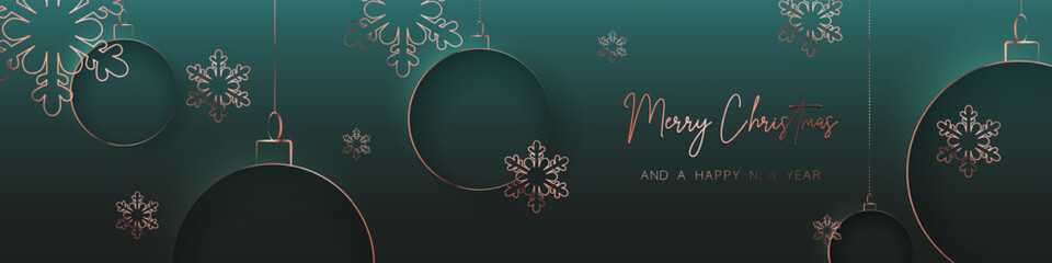 Green gold minimal Christmas banner design. Simple background, elegant geometric minimalistic style. Contemporary papercut luxury greeting backdrop  with merry xmas letters for web and advertising. - obrazy, fototapety, plakaty