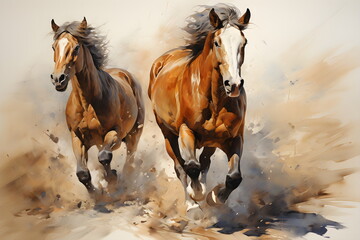 Oil painting Two horses running full speed they are different colors. The fur is long and flowing. The mane blows in the wind. His eyes widened, showing determination. This picture represents freedom.