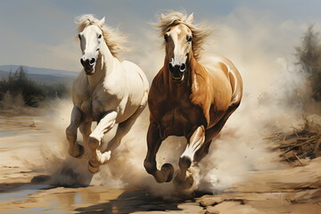 Oil painting Two horses running full speed they are different colors. The fur is long and flowing. The mane blows in the wind. His eyes widened, showing determination. This picture represents freedom. - obrazy, fototapety, plakaty