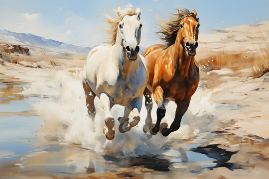 Oil painting Two horses running full speed they are different colors. The fur is long and flowing. The mane blows in the wind. His eyes widened, showing determination. This picture represents freedom.