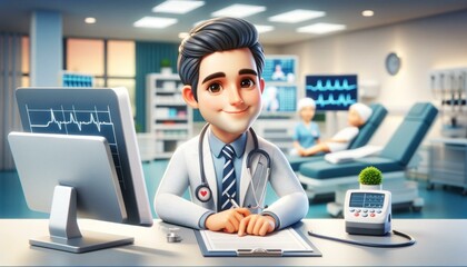 Compassionate 3D Animated Doctor Character in Modern Hospital Setting, Perfect for Medical, Healthcare, Expertise, Advanced Equipment, Professionalism in Medicine Themes - obrazy, fototapety, plakaty
