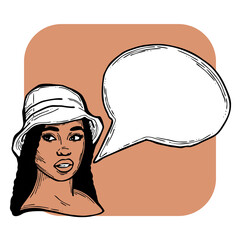 Beautiful young woman talk. Empty speech bubble for sale promotion, text background, quotes. Hand drawn illustration, cartoon comic style.