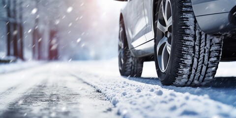 Car tires on winter road covered with snow. Vehicle on snowy alley in the morning at snowfall, concept of winter travel, on road, winter holidays, with copy space.