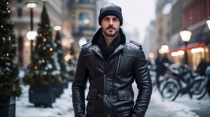 Punk guy in black leather jacket and woolen beanie posing in the winter snowy city streets.