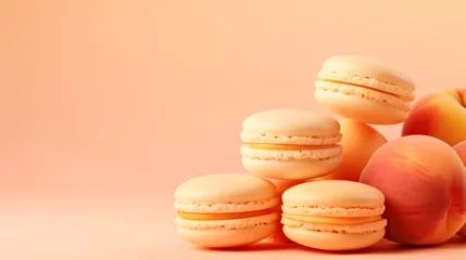 Rideaux velours Macarons A pile of macarons sitting next to a peach. Monochrome peach fuzz background.