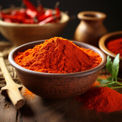 spicy red chilli powder with super chilli background,chilli powder with blur background,red chilli powder in bowlwith dry chillies