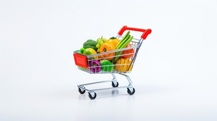 red shopping cart on white background with shopping, fruits and vegetables