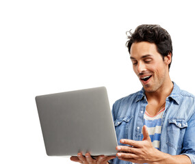 Man, laptop and surprise for notification, studio and winner of online competition by white background. Male person, technology and shock for announcement, reading and happy with information or web