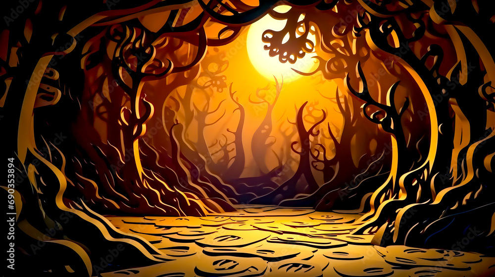 Poster paper cut of forest with sun in the background and trees in the foreground.