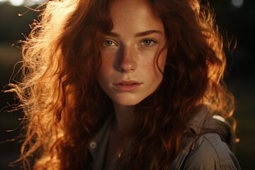 young woman with wild long red hair and freckles looks into the camera, sunlight from behind
