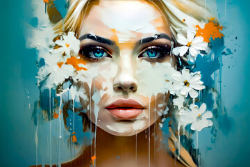 Painting of woman's face with flowers in her hair and blue eyes.
