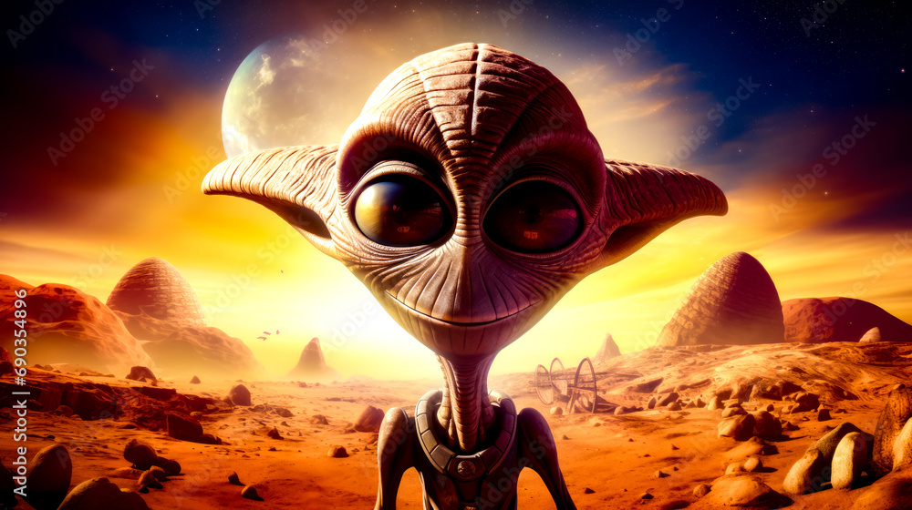 Aufkleber alien with big eyes standing in the desert with planet in the background.