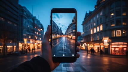 someone taking picture of a city on phone camera - obrazy, fototapety, plakaty