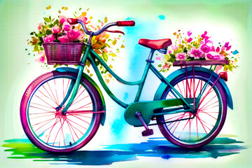Fototapeta premium Watercolor painting of blue bicycle with flowers in the front basket.