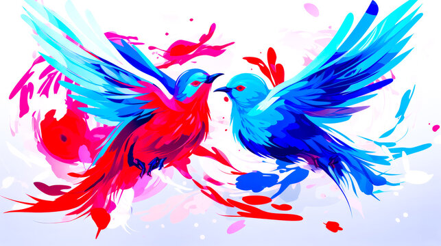 Couple of birds flying next to each other on pink and blue background.