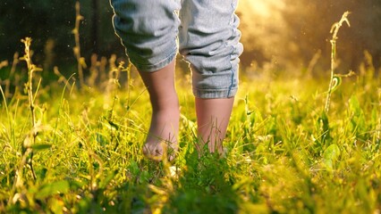 Small boy strolls barefoot through grass in field during summer vacation. Joyful boy walks shoeless...