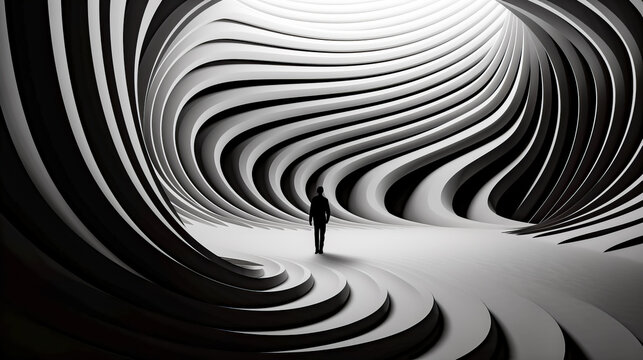 Black and white photo of person walking through tunnel of wavy lines.