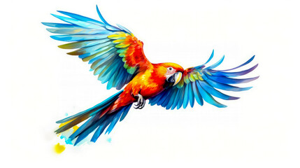 Colorful parrot flying through the air with its wings spread out and it's wings spread.