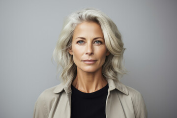 Fototapeta premium Smile woman female adult face attractive mature senior background person grey beauty portrait