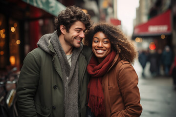 Fototapeta premium A couple of lovers walk happily and lovingly, both wearing a jacket and scarf