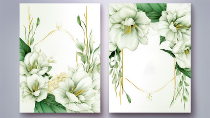 Set of wedding cards with white flowers and green leaves on white background.