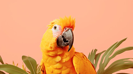 A yellow parrot sitting on top of a green plant. Monochrome peach fuzz background. - Powered by Adobe