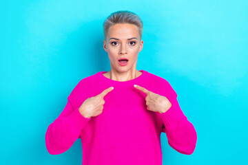 Portrait of astonished offended girl with short hairstyle wear pullover indicating at herself...