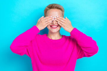 Portrait of funny funky playful girl with short hairstyle wear knit pullover palms close eyes isolated on turquoise color background - obrazy, fototapety, plakaty