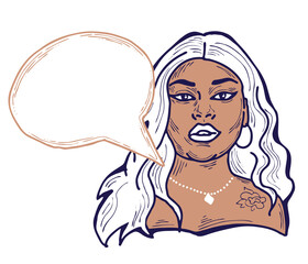 Beautiful young woman talk. Empty speech bubble for sale promotion, text background, quotes. Hand drawn illustration, cartoon comic style.