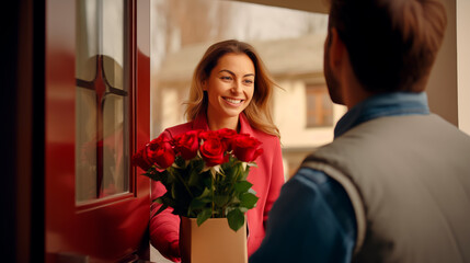 Happy woman receiving bouquet of red roses, romantic gesture.
