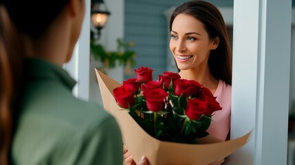 Happy woman receiving bouquet of red roses, romantic gesture.
