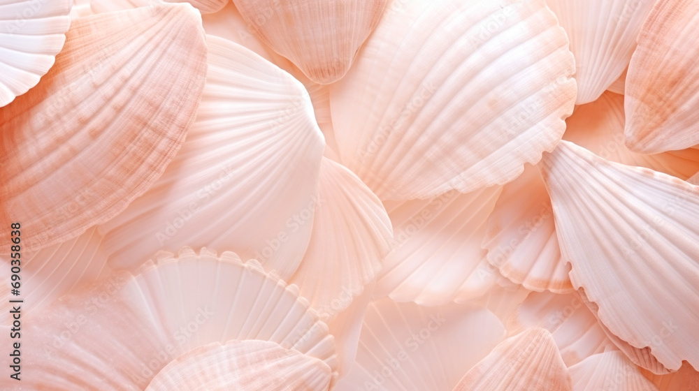 Poster a close up of a bunch of shells. monochrome peach fuzz background.