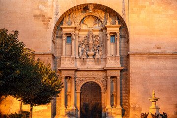Detail of the facade of the Archipestral Church of La Asunción de Almansa, Albacete, Castilla La...