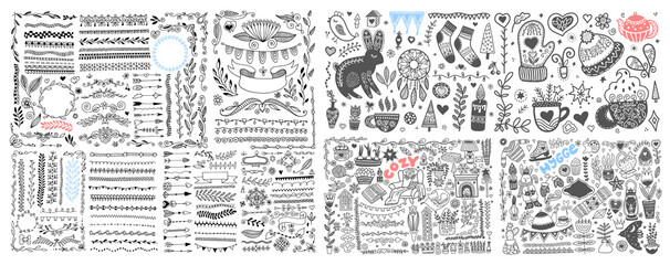 Sketch drawing cozy hygge scandinavian set, divider and frame doodle vector collection. - obrazy, fototapety, plakaty